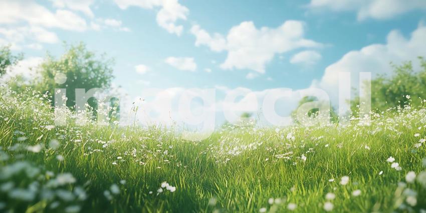 Vibrant Spring Meadow Lush Green Field and Blue Sky Panorama  Pe