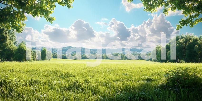 Vibrant Green Field Landscape Sunny Day Lush Meadow Blue Sky