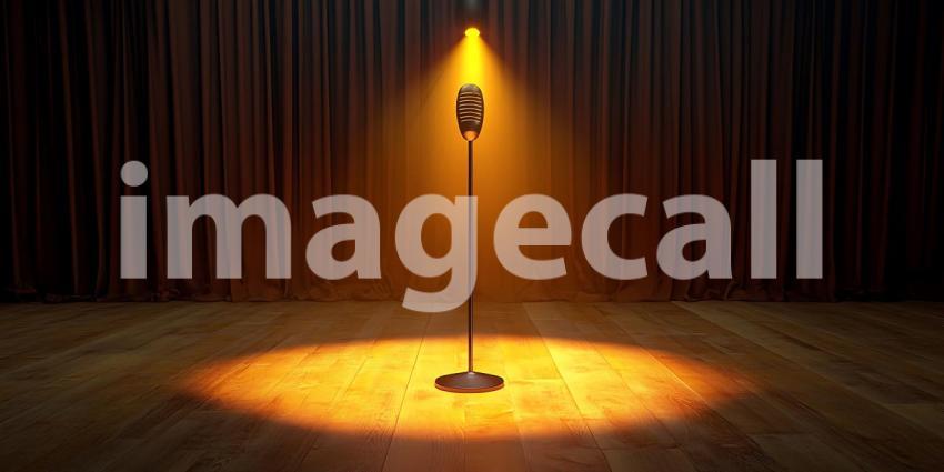 Spotlight on Stage Retro Microphone on Empty Stage Perfect for P
