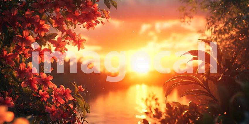 Vibrant Sunset Landscape Peaceful River Scene with Blossoming Br