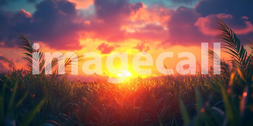 Vibrant Sunset Landscape Golden Hour Photography in Field of Gra