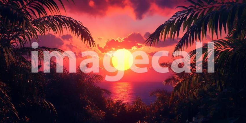 Vibrant Sunset Through Palm Trees Tropical Paradise