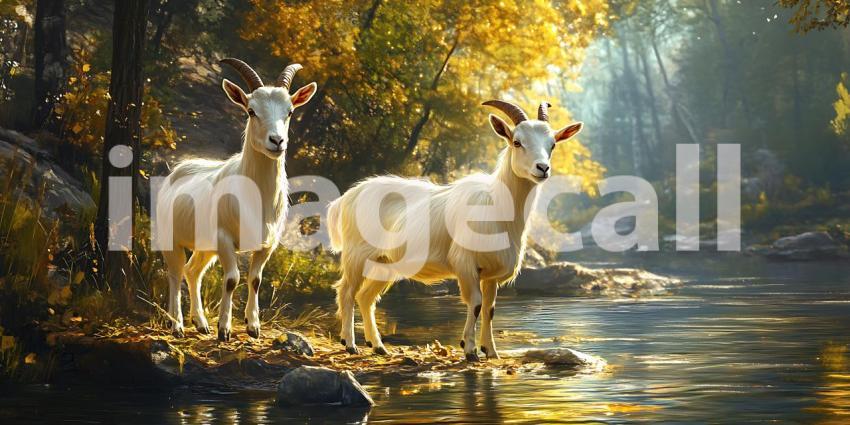 Majestic Goats in Golden Forest A Serene Nature Scene