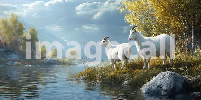Serene Mountain Goats by a Tranquil Stream A Digital Painting