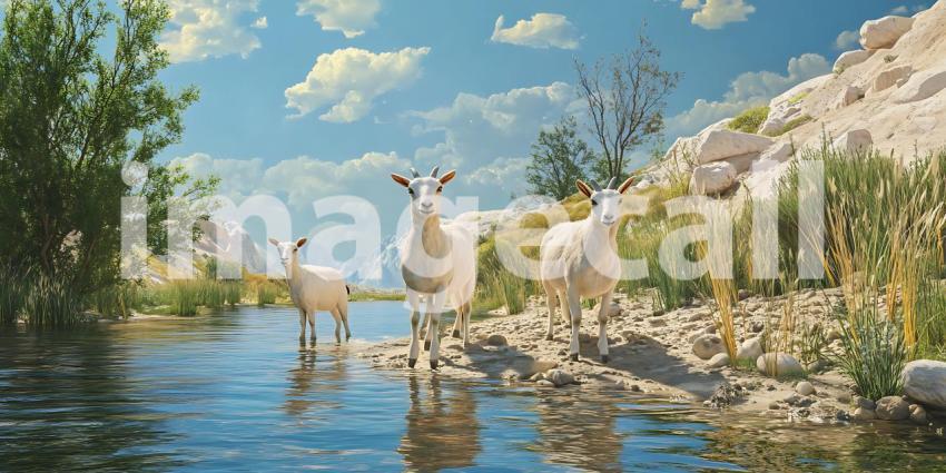 Majestic Mountain Goats by a Serene Stream A Breathtaking Nature