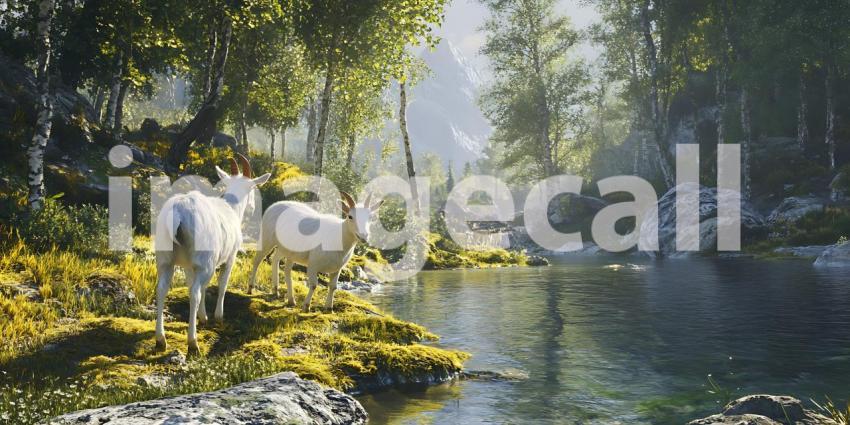 Majestic Goats by Tranquil Stream Serene Nature Scene with Lush