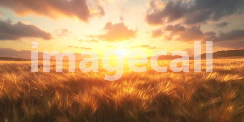 Golden Hour Sunset Over Wheat Field Landscape Photography