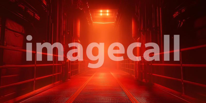 Red Light Illuminates Grand Hall Dramatic Architectural Perspect