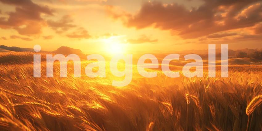 Golden Hour Sunset over Wheat Field A Serene Landscape Photograp
