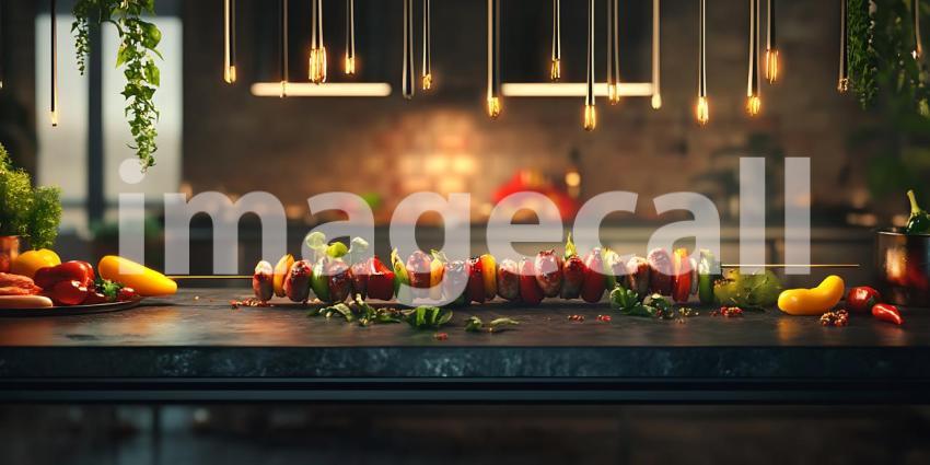 Captivating Culinary Still Life Vibrant Peppers and Warm Kitchen