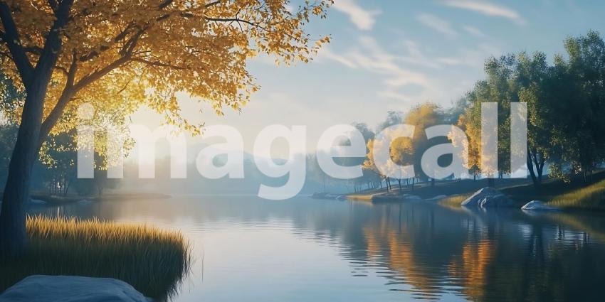 Serene Autumn River Landscape Picturesque Fall Scenery with Gold