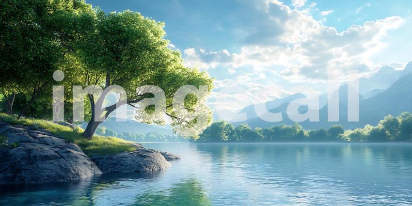 Majestic Lake Serenity Picturesque Landscape with Lush Greenery