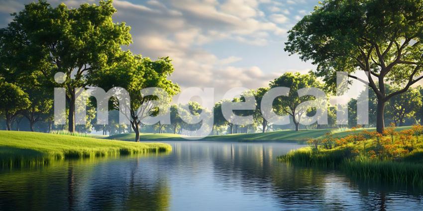 Serene River Landscape Picturesque Scene of Trees and Water