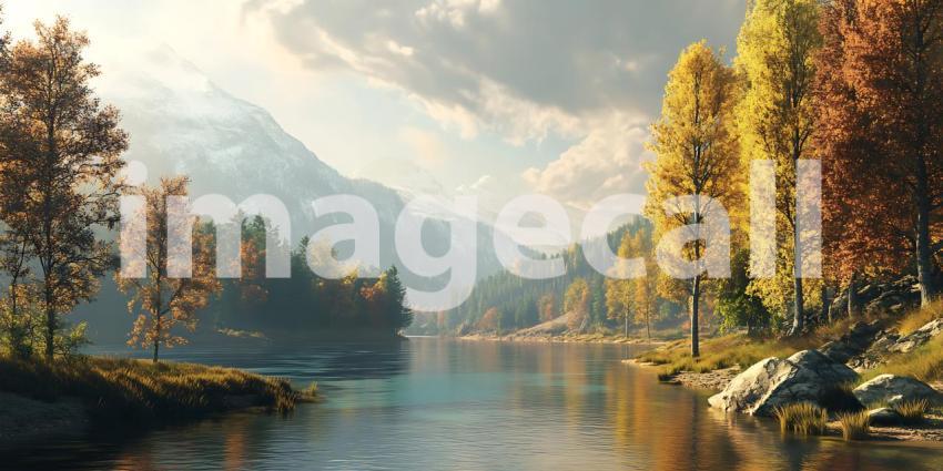 Autumn River Valley Landscape Majestic Mountains and Golden Tree