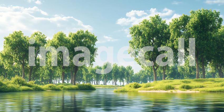 Lush Green Forest Landscape Tranquil River Majestic Trees Sunny