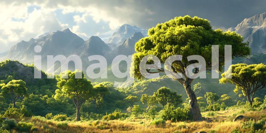 Majestic Mountain Landscape Serene Tree in Sunlit Valley