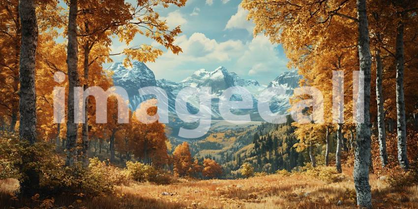 Autumnal Vista A Majestic Mountain Landscape Through Golden Tree