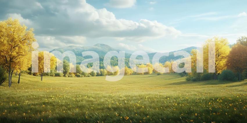 Autumn Meadow Landscape Golden Trees Rolling Hills and Serene Na