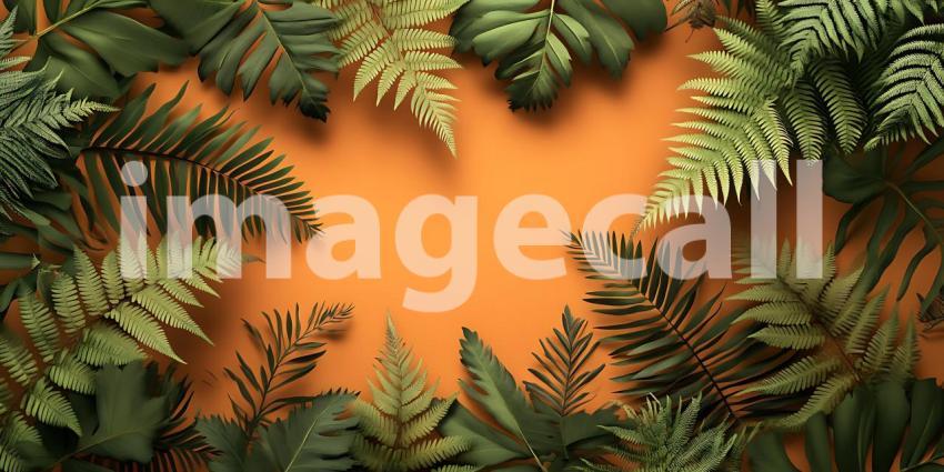 Vibrant Green Foliage Frame Autumnal Orange Background for Desig