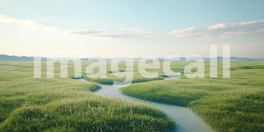 Serene Landscape Picturesque Meadow Winding River and Tranquil V