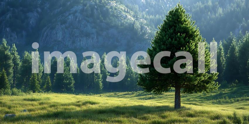 Serene Evergreen Tree in Mountain Landscape Nature Photography f