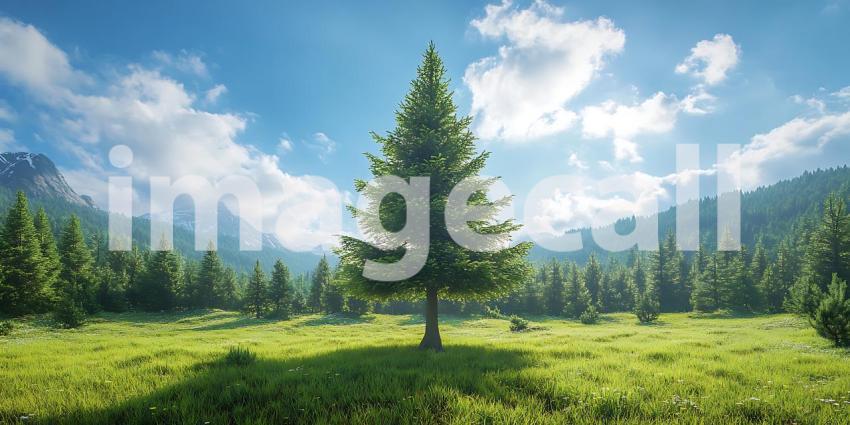 Majestic Evergreen Tree in Mountain Meadow Scenic Landscape Phot