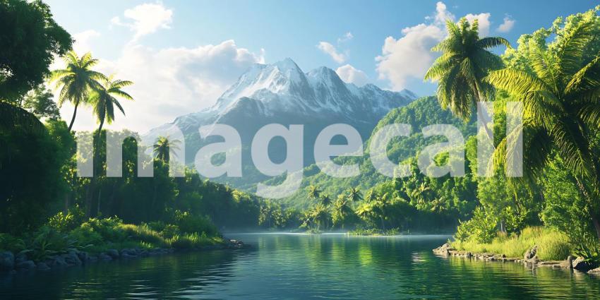 Tropical Paradise Serene River Lush Rainforest and Majestic Moun