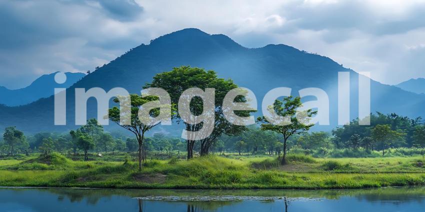 Serene Lakeside Vista Majestic Mountains and Lush Greenery