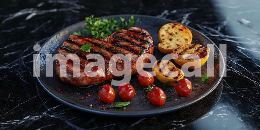 Grilled Steak Dinner Juicy Beef Roasted Potatoes and Cherry Toma