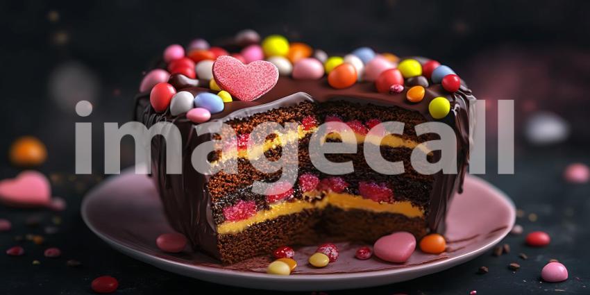 Delicious Chocolate Layer Cake with Colorful Candy Topping A Tem