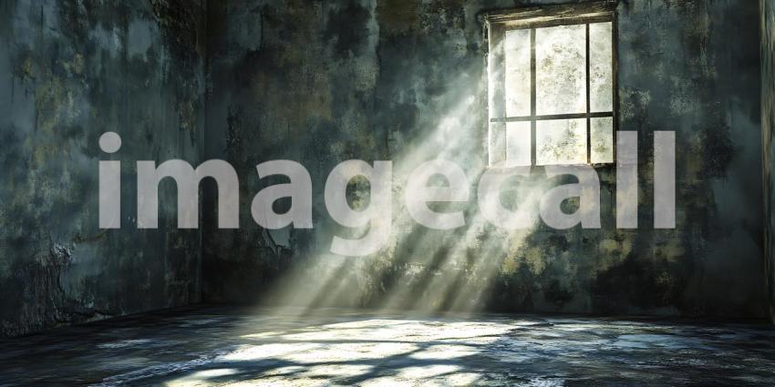 Ethereal Light Beams in Derelict Room Dramatic Architectural Pho