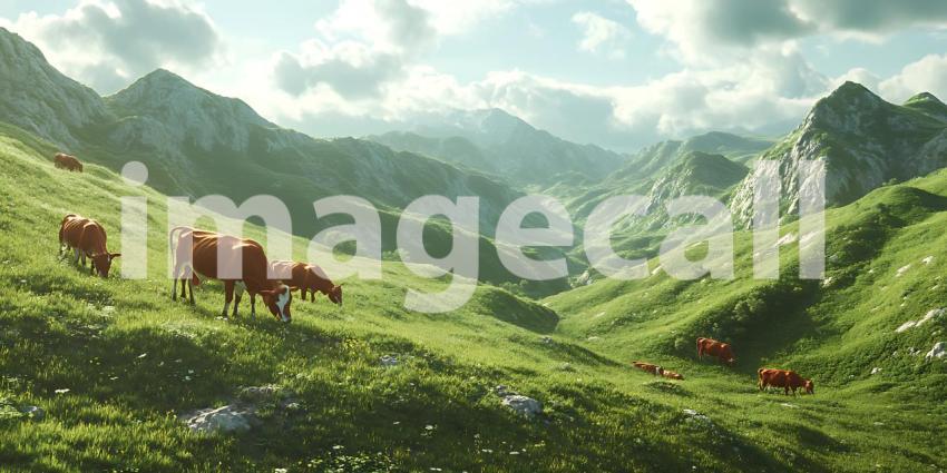 Stunning Alpine Pasture Cattle Grazing in Mountain Valley Landsc