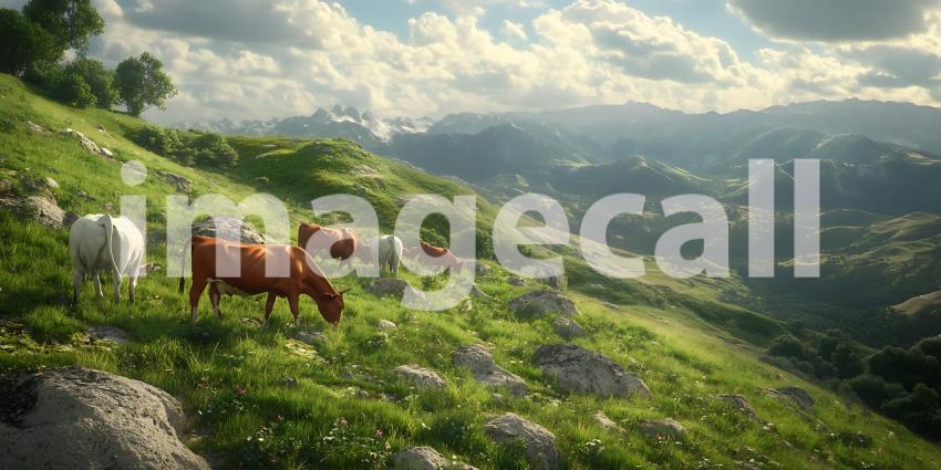 Serene Mountain Pasture Goats and Sheep Grazing on Lush Green Hi