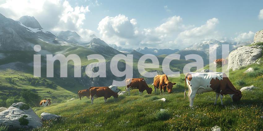 Alpine Meadow Cows Grazing in Picturesque Mountain Landscape  Sc