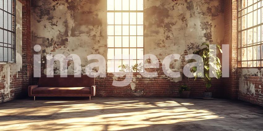 Sunlit Industrial Loft Interior Rustic Walls Large Windows and B