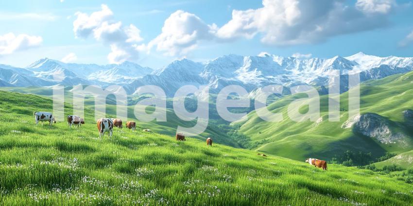 Panoramic Alpine Meadow Landscape Majestic Mountains Lush Grassl