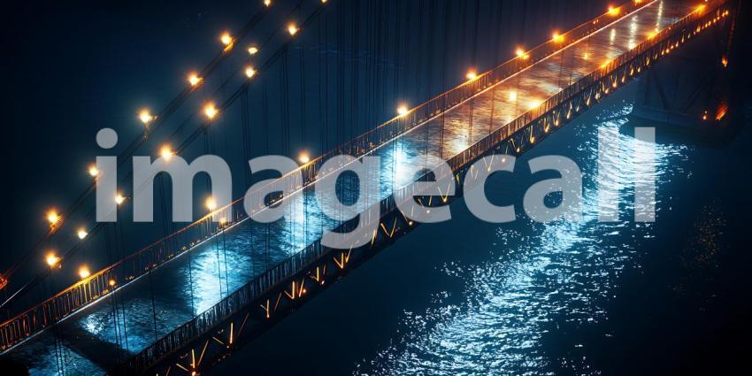 Aerial Night View Illuminated Bridge Water Reflections and Spark