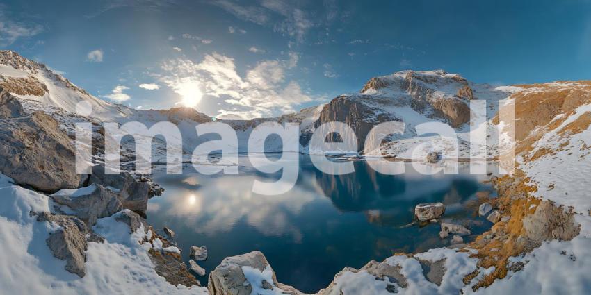 Stunning Panoramic View Mountain Lake and Snowy Peaks