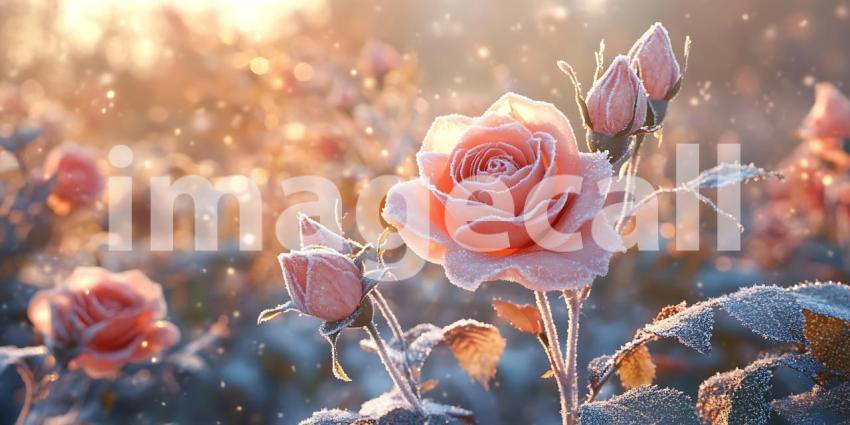 Stunning Winter Rose Bloom Pink Rose Garden in Frosty Sunlight