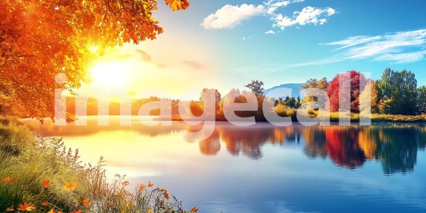 Autumn Landscape Vibrant Fall Colors Reflected in Calm Lake at S