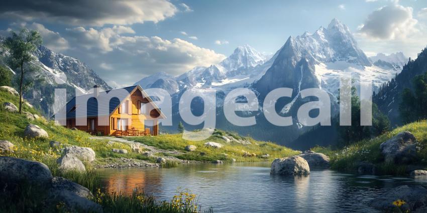 Secluded Mountain Cabin A Serene Landscape Painting