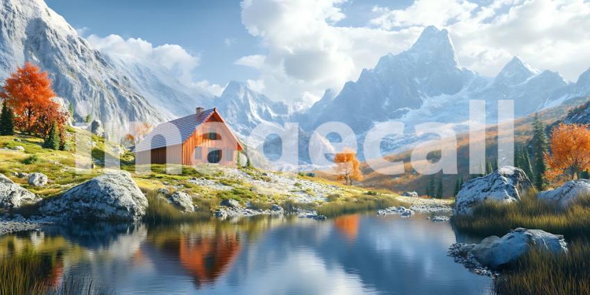 Mountain Lake Cabin Scene Autumnal Colors and Majestic Peaks