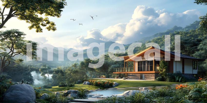 Mountaintop Retreat Serene Landscape with House and Waterfall Di