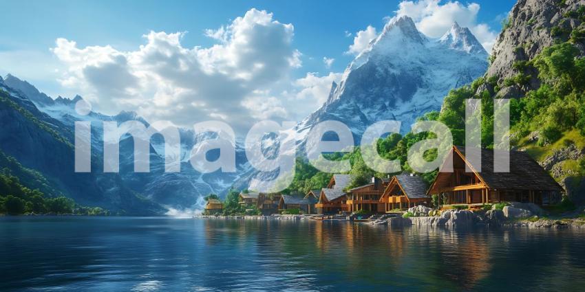 Stunning Alpine Lake Village Breathtaking Scenery Mountain Peaks
