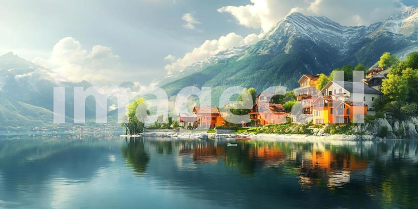 Stunning Alpine Lake Village Breathtaking Scenic Vista