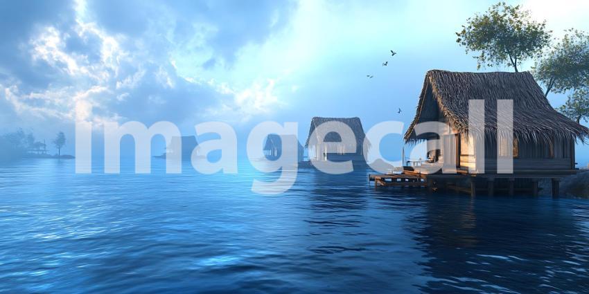 Enchanted Water Village Digital Painting of Lakeside Cabins Unde