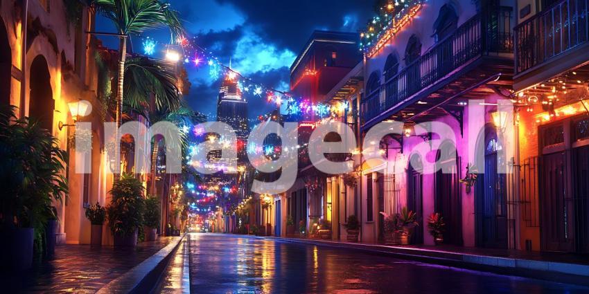 Night Cityscape Vibrant Urban Streets Rainy Evening Colorful Bui