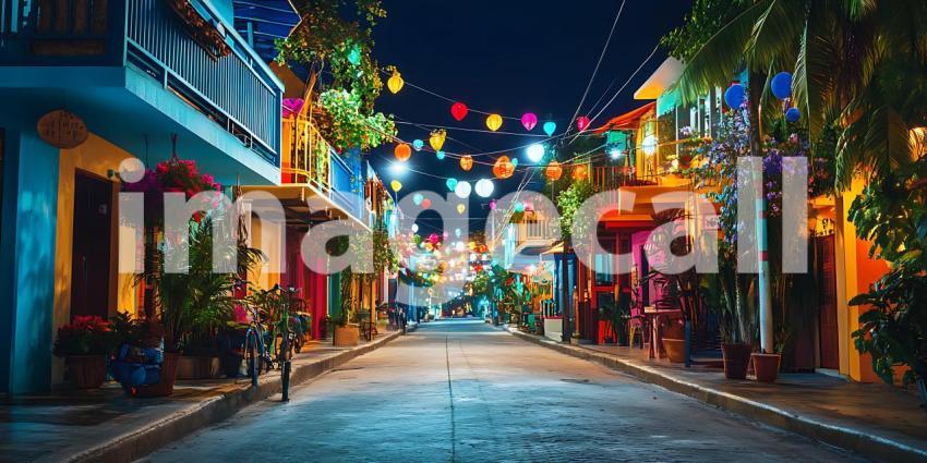 Vibrant Night Street Scene Colorful Buildings Festive Lights and