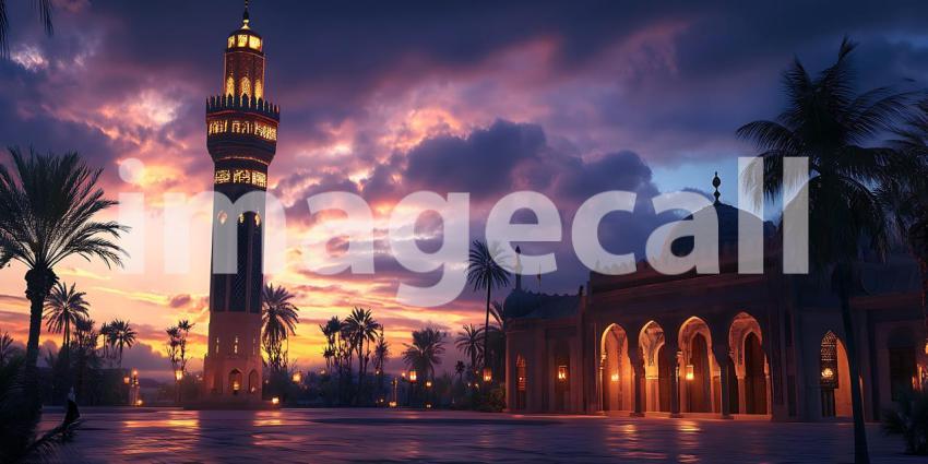 Stunning Sunset Landscape Minaret Mosque and Palm Trees  Vibrant