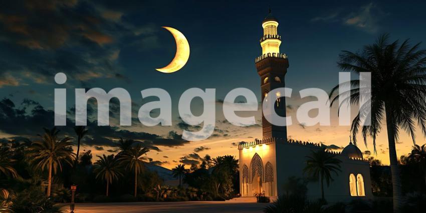 Crescent Moon over Mosque Ramadan Nightscape Photography